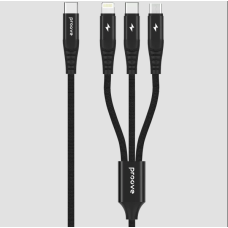 3 IN 1 Type-C To Micro USB, Lightning, Type-C PROOVE HYDRA Uzlādes (3.0A) Kabelis 1M Melns